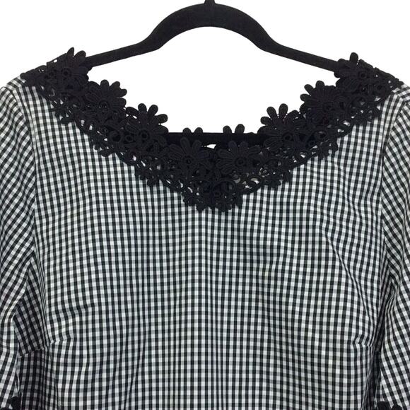Chico's Tunic Women's Size 0 (XS/4) Black Gingham 3/4 Bell Sleeve Lace Applique - Picture 5 of 12